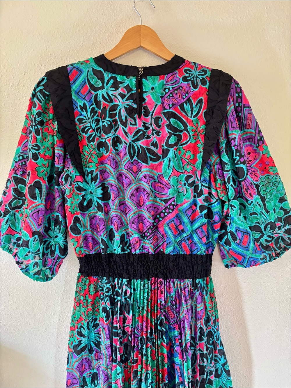 Diane Freis 1980s Dress L XL Colorful Floral Geometric Pleated Midi Maximalist - Picture 9 of 13